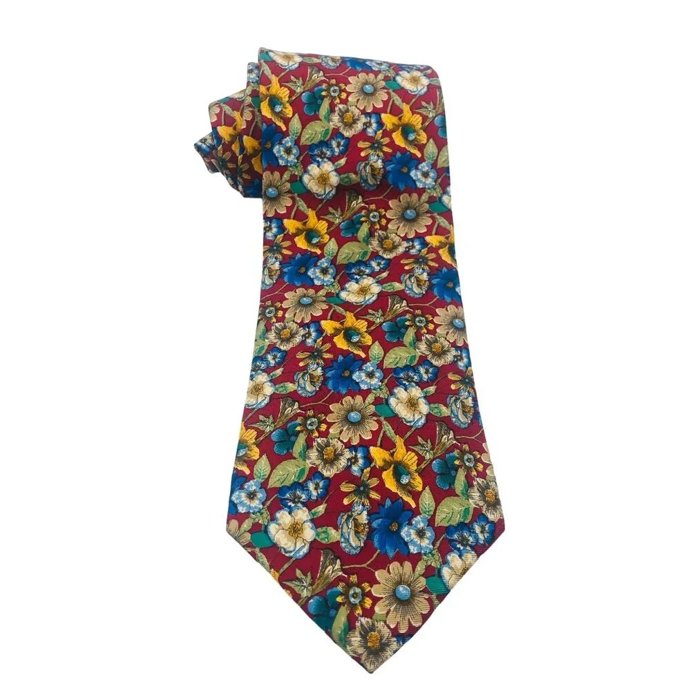Lands’ End All-Over Floral Botanical Print Silk Necktie Hand Sewn USA Vintage